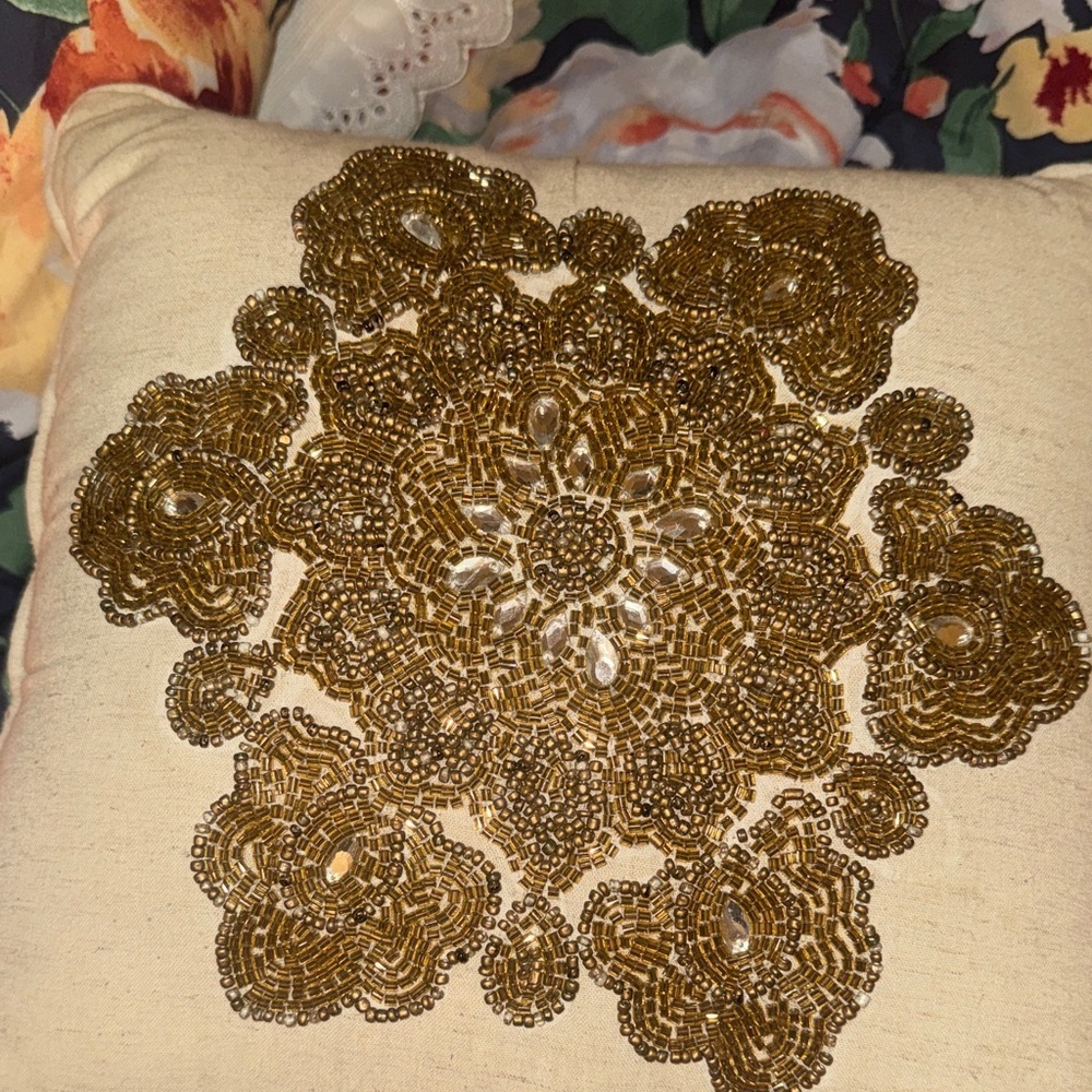 Beaded Gold Medallion Decorative Throw Pillow - Cream - Picture 8 of 8